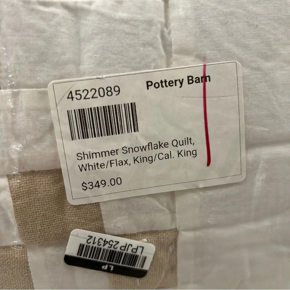 Pottery Barn Shimmer Snowflake Quilt White Flax Tan King California King NEW